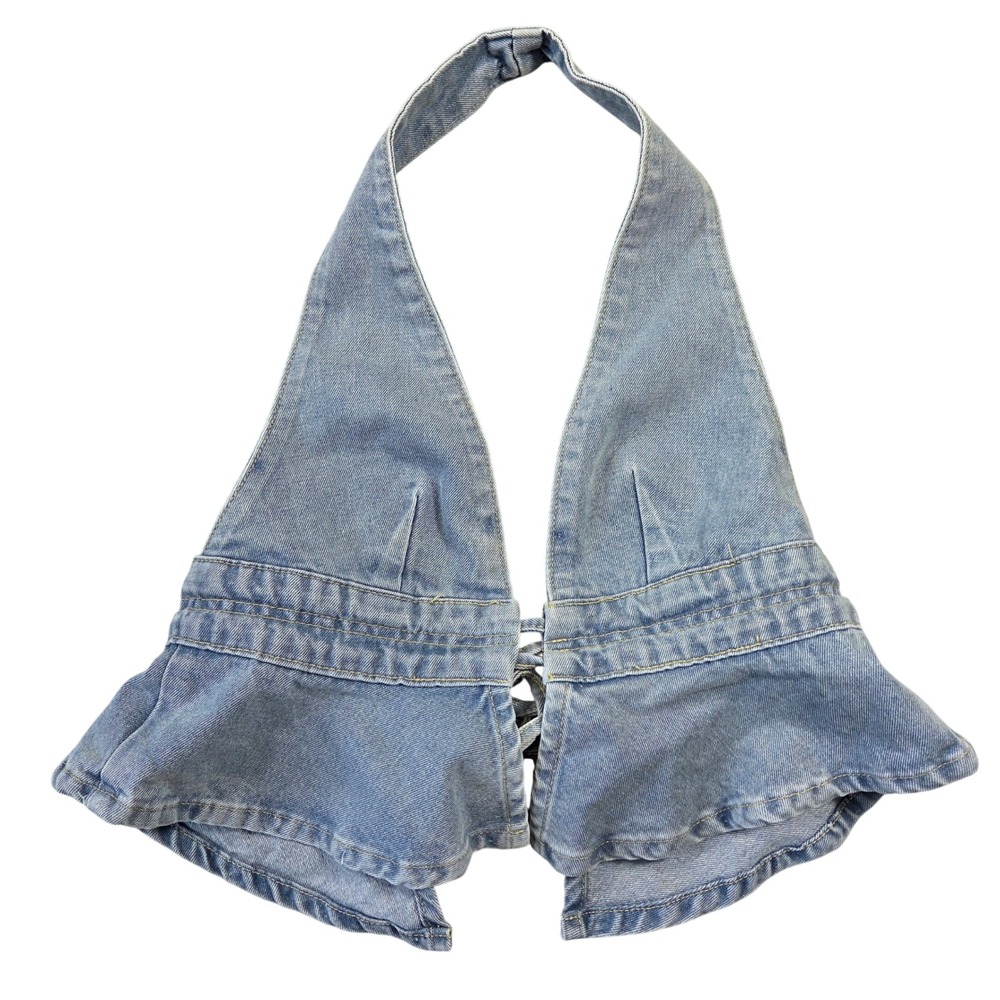 Jeans Light Wash Denim Halter Top Peplum Lace Up Back Women Small Boho Festival
